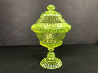 Antique Late 1800s Vaseline Glass Covered Compote Wildflower Uranium Glass Dish