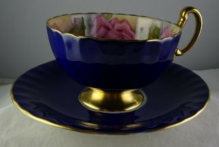 Aynsley Bone China Cobalt & Large Roses English Tea Cup & Saucer Set