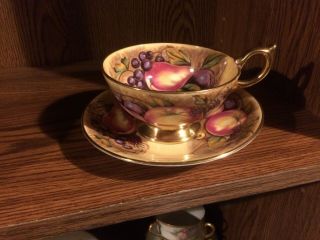 Aynsley China Hand Painted Orchard Fruits Gold N.  Brunt Footed Teacup Saucer