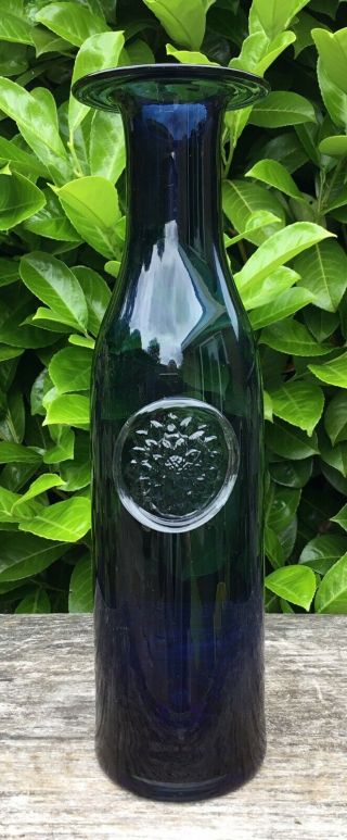 Large 13.  5” Dartington Crystal Glass Blue Bottle Vase With Flower Design Badge