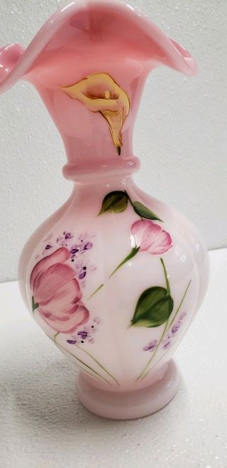 Fenton Hand painted Pink Peony and Calla Lilly Signed Vase 8 1/2 6