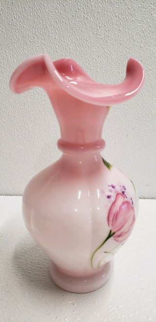 Fenton Hand painted Pink Peony and Calla Lilly Signed Vase 8 1/2 7