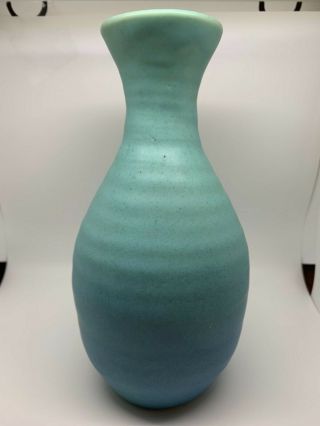 Hand Thrown Ribbed Turquoise Vase By Van Briggle Pottery Of Colorado Signed