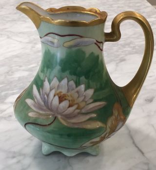 Antique Limoges Coronet Pitcher Hand Painted Flower Green Gold Trim France