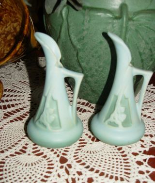 Pair Mid Century Roseville Pottery Silhouette Green Art Deco Ewers No.  716