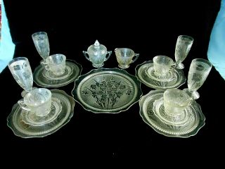 1930s Jeannette Glass Crystal Iris & Herringbone 20 Pc.  Luncheon Set