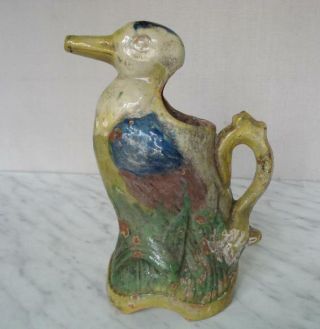 19c.  Antique Redware Glazed Pottery Pitcher Jug - Duck