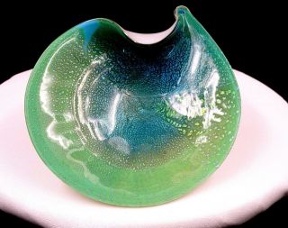 Murano Italy Art Glass Green And Blue Aventurine 6 5/8 " Curled Rim Dish