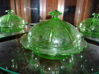 Cherry Blossom Green Depression Glass Butter Dish & Lid 1930 - 1939