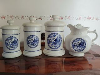 Rare Mccoy Blue Willow Stoneware Canister And Pitcher Set 4 Piece