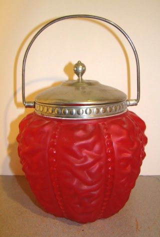 Consolidated Glass Beaded Drape Red Satin Biscuit Barrel Jar
