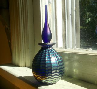 Signed Cobalt Blue Hand Blown Art Glass Perfume Bottle With Irridescent Waves
