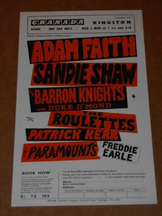 Adam Faith & Roulettes/sandie Shaw/paramounts 1965 Granada,  Kingston Handbill
