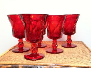 5 Jamestown Fostoria Ruby Red Water Goblets 5 7/8 "