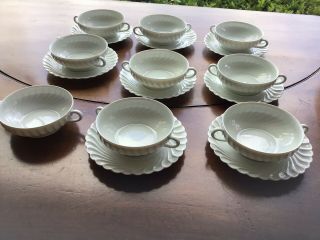 Set 9 Vintage Haviland Limoges France Porcelain White Soup Handled Cups 8 Saucer