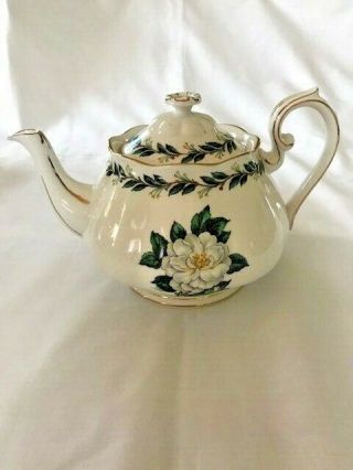 Royal Albert Teapot " Lady Clare " - White With Green Flowers And Gold Trim