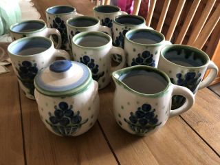 Set Of 9 M A Hadley Pottery Blueberry Bouquet Mugs Including Creamer&sugar