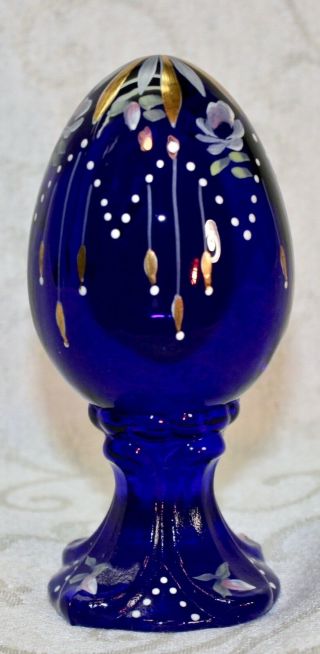 Fenton,  Egg On Stand,  Cobalt Blue Glass,  Limited Edition,  Hand Decorated.