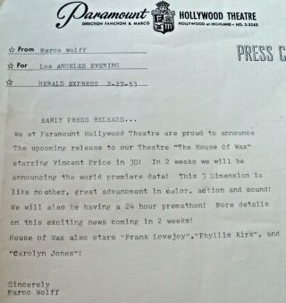 House Of Wax Vincent Price 1953 Pre Prop Press Release Hollywood Horror