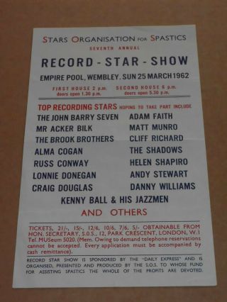 Cliff Richard & Shadows/helen Shapiro/alma Cogan 1962 Wembley Handbill