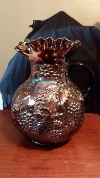 Dugan " Floral & Grape " Amethyst Carnival Glass Pitcher