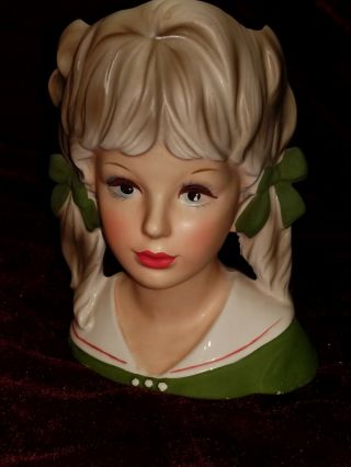 Teen Head Vase Inarco E 3838 - Vintage - Twin Pony Tails Ribbons In Her Hair