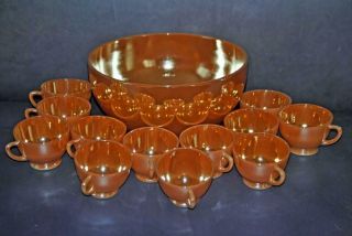 Anchor Hocking Peach Lustre Punch Bowl And Cups