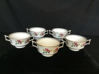 5 Wedgwood Chinese Flowers Footed Cream Soup Bowls Double Handle Bouillon Cups