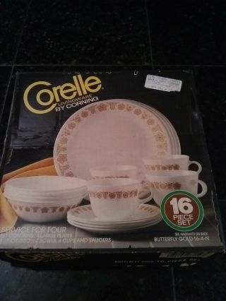 Corelle Livingware Corning Butterfly Gold 16 Piece Set Dishes - Box