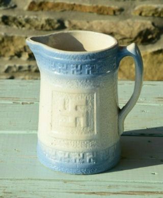 Antique Stoneware Blue & White Salt Glaze Pitcher Swastika Pottery 9 "