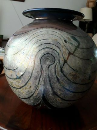 Bob Biniarz Signed Luminous Carnival Art Glass Round Vase Flare Lip