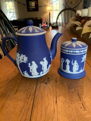 Wedgewood Jasperware Coffee Pot Blue With White Antique And Canister With Lid