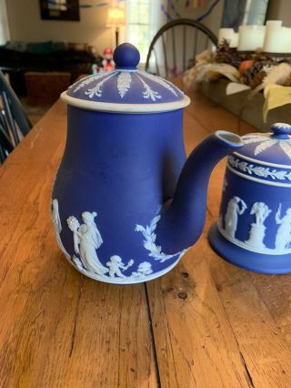 Wedgewood Jasperware Coffee pot Blue with White Antique And Canister With lid 2