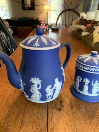 Wedgewood Jasperware Coffee pot Blue with White Antique And Canister With lid 3