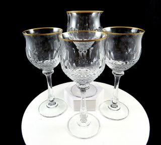 Mikasa Cut Crystal Gold Crown 4 Pc Thumbprint & Diamond Band 7 1/8 " Wine Glasses