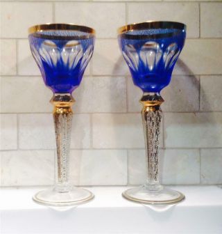 Moser Style Art Glass Goblets Pair Blue Glass Heavy Gilding