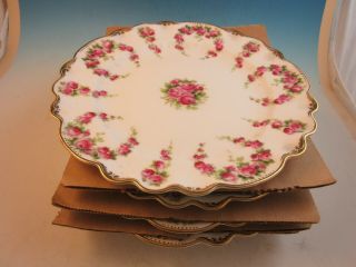 5 George Jones Crescent China 8 7/8 " Plates Pink Rose Swags Gold Scalloped Edge