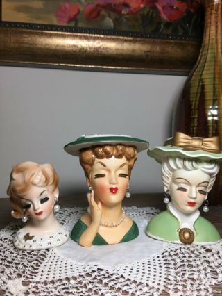3 Lady Head Vase 1 - 3 1/2  Napco - 2 - 4 3/4  Lee Wards Vintage Headvase
