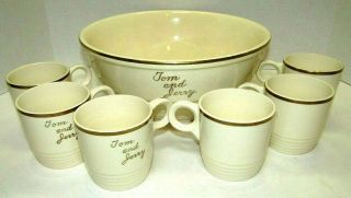 Vintage Universal Cambridge Tom And Jerry Punch Bowl & 6 Mugs Cream & Gold Usa