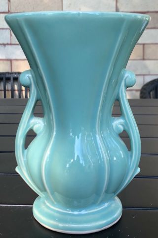 Vintage Mccoy Pottery Usa Handled Blue Turquoise Vase