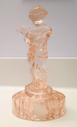 Cambridge Glass Flower Frog Clear Pink Art Deco Nude Child Holding Goat Two Kids