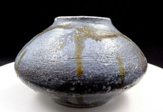 Studio Art Pottery Pale Blue & Brown Drip Glaze 4 1/8 " Squat Vase
