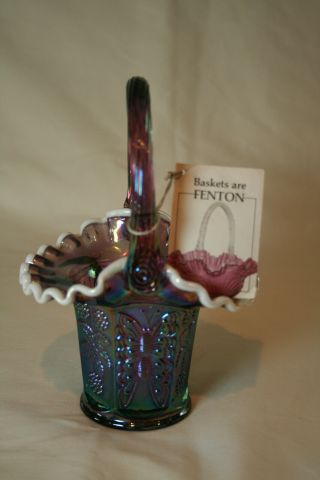 Fenton Glass Purple Basket With White Ruffle,  Height 7 1/2