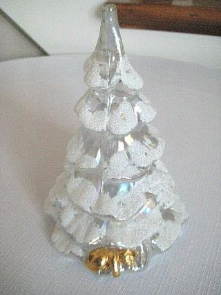 Lovely Fenton White Iridescent Christmas Tree,  With Gold Cat 6.  25 Inches