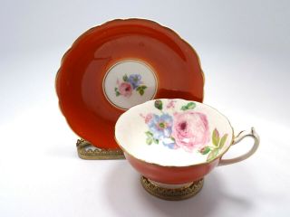 Paragon England Bone China Pink Rose And Blue Flower Rust Red Tea Cup & Saucer