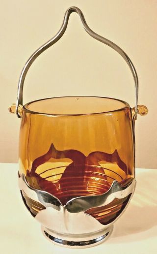 Farber Brothers Chrome Cambridge Amber Glass Ice Bucket With Bail Handle,  1932