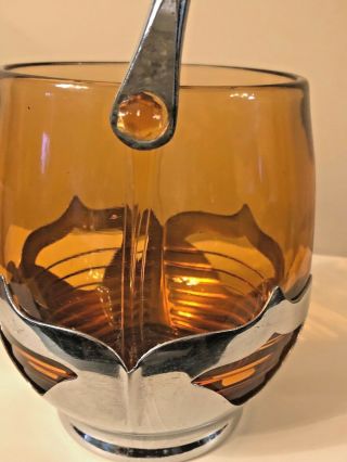 FARBER BROTHERS CHROME CAMBRIDGE AMBER GLASS ICE BUCKET WITH BAIL HANDLE,  1932 2