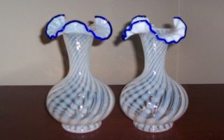 Pr.  Fenton Opalescent Swirl Vases With Cobalt Blue Trim - 80th Anniversary
