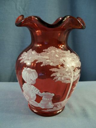 Fenton Cranberry Glass Mary Gregory Hand Painted Vase Boy W/ Dog