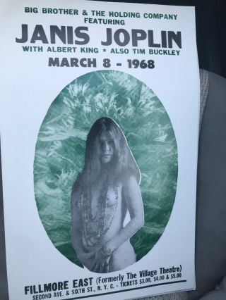 14x22” Janis Joplin Concert Poster - 1968 With Albert King Tim Buckley - NYC 3